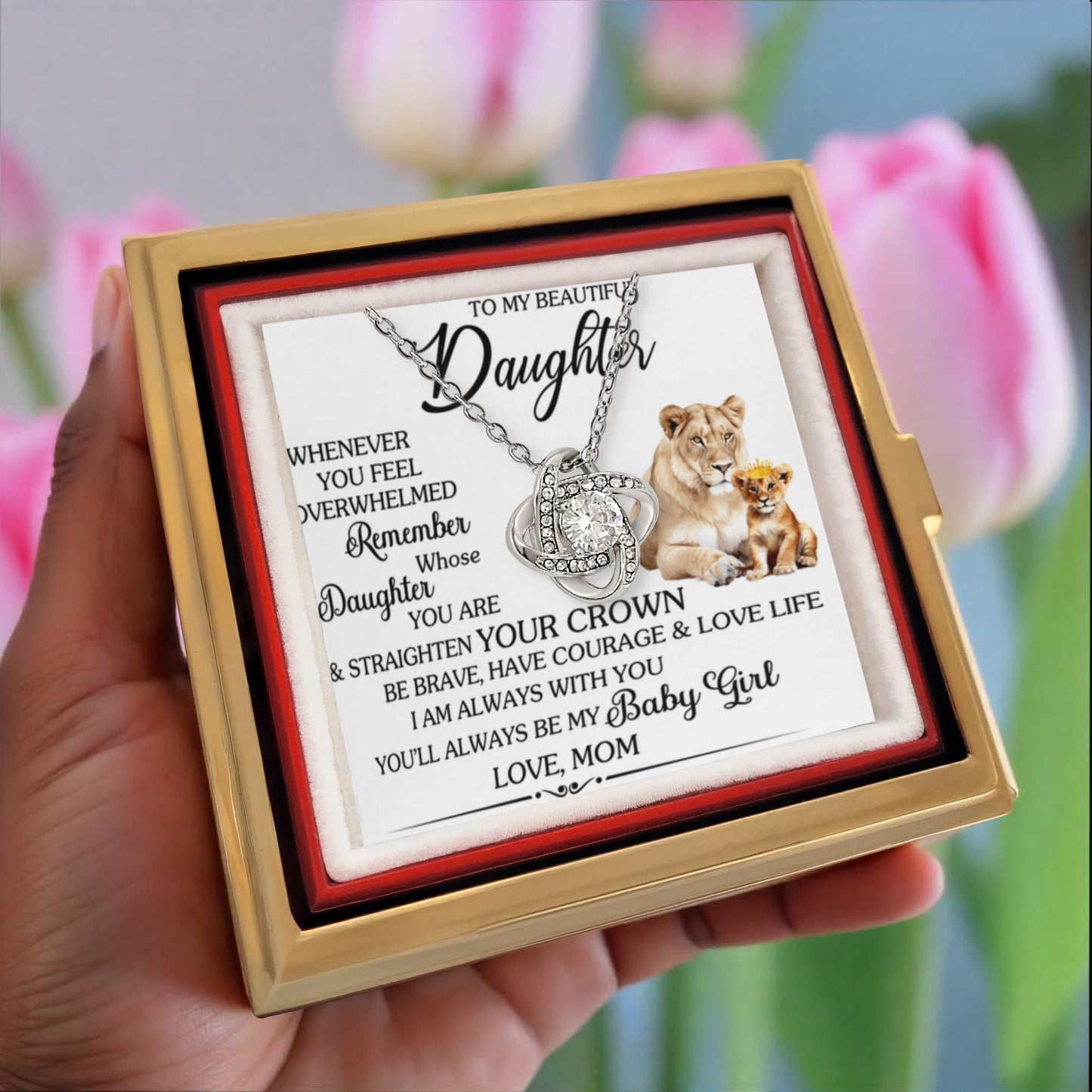 To My Daughter – Straighten Your Crown Love Knot Necklace with Rotating Rose Box-Express Your Love Gifts