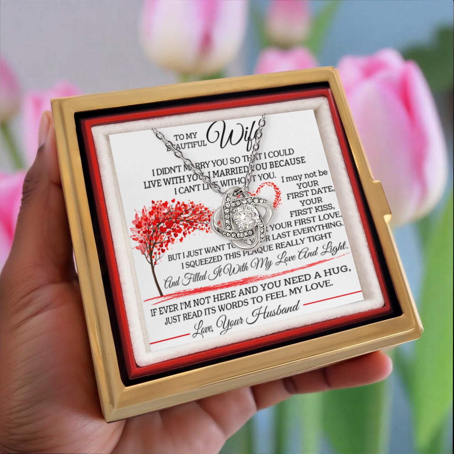 To My Wife – I Can't Live Without You Love Knot Necklace with Rotating Rose Gift Box-Express Your Love Gifts