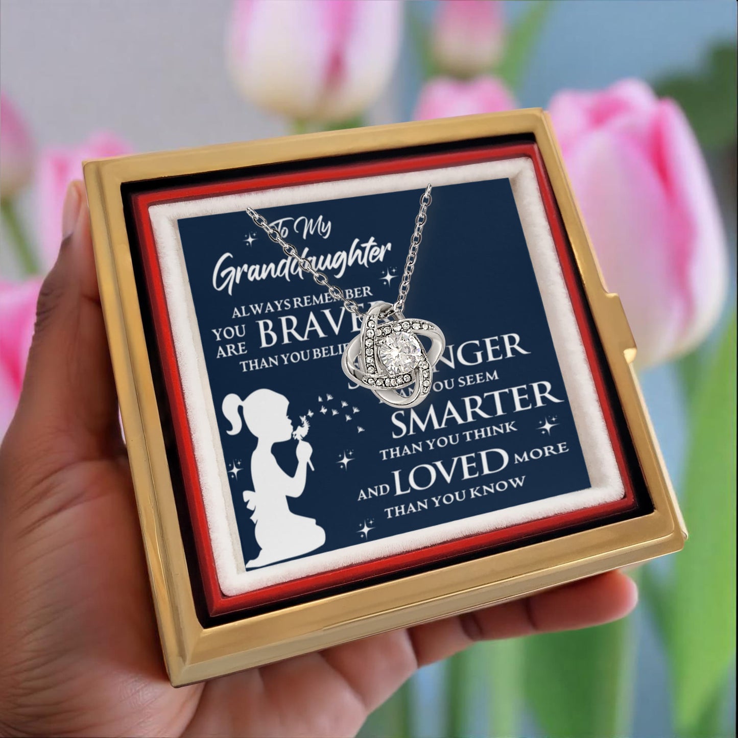 To My Granddaughter – Braver, Stronger, Smarter Love Knot Necklace with Rotating Rose Box-Express Your Love Gifts