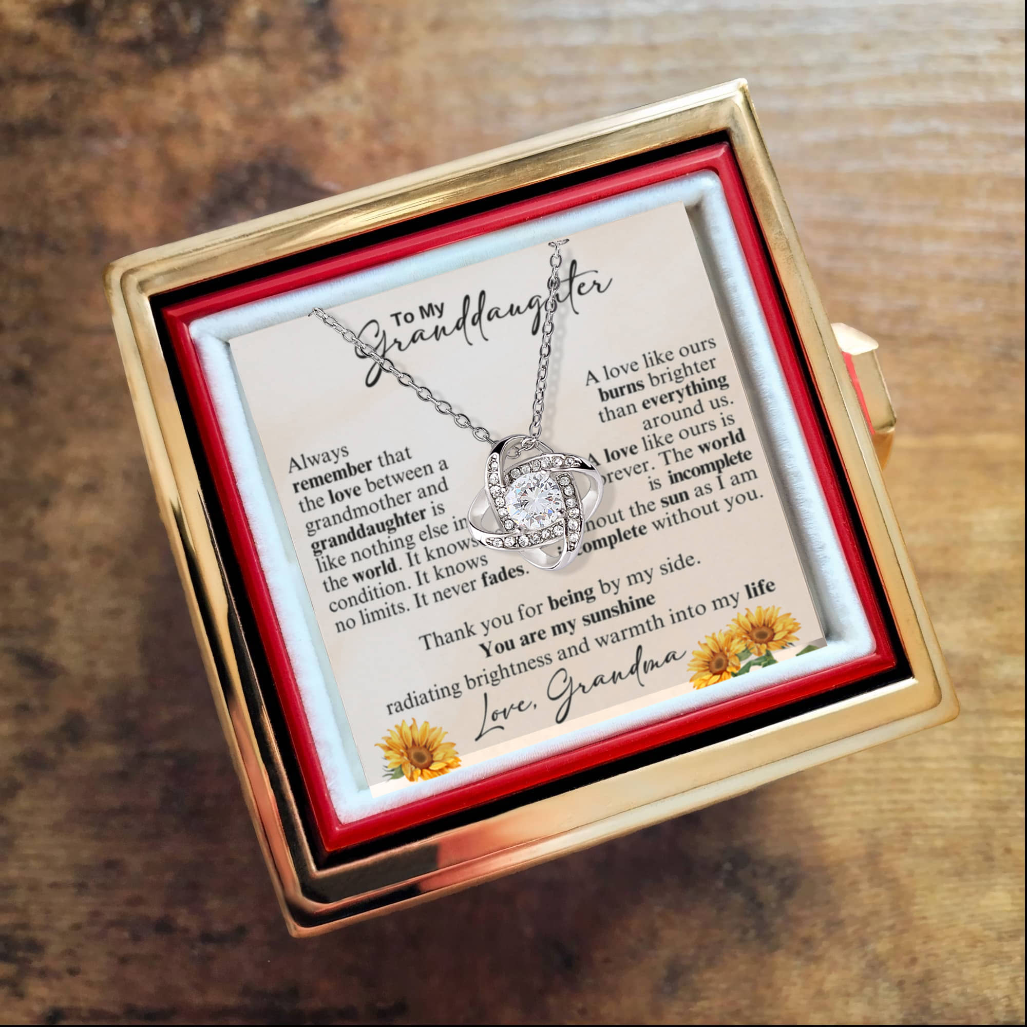 To Granddaughter From Grandma You Are My Sunshine Love Knot with Rotating Rose Box-Express Your Love Gifts