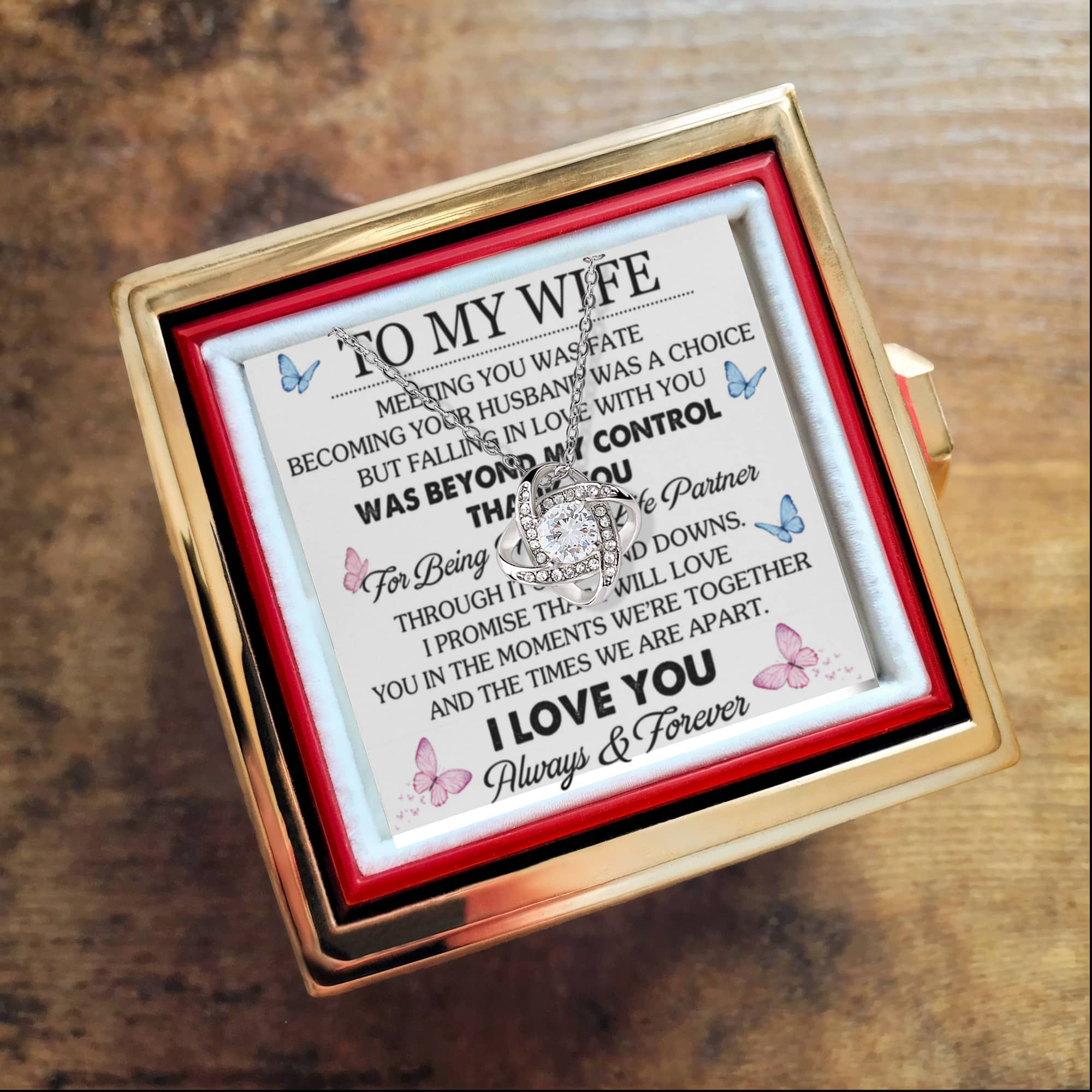 To My Wife – Great Life Partner Love Knot Necklace with Rotating Rose Gift Box-Express Your Love Gifts