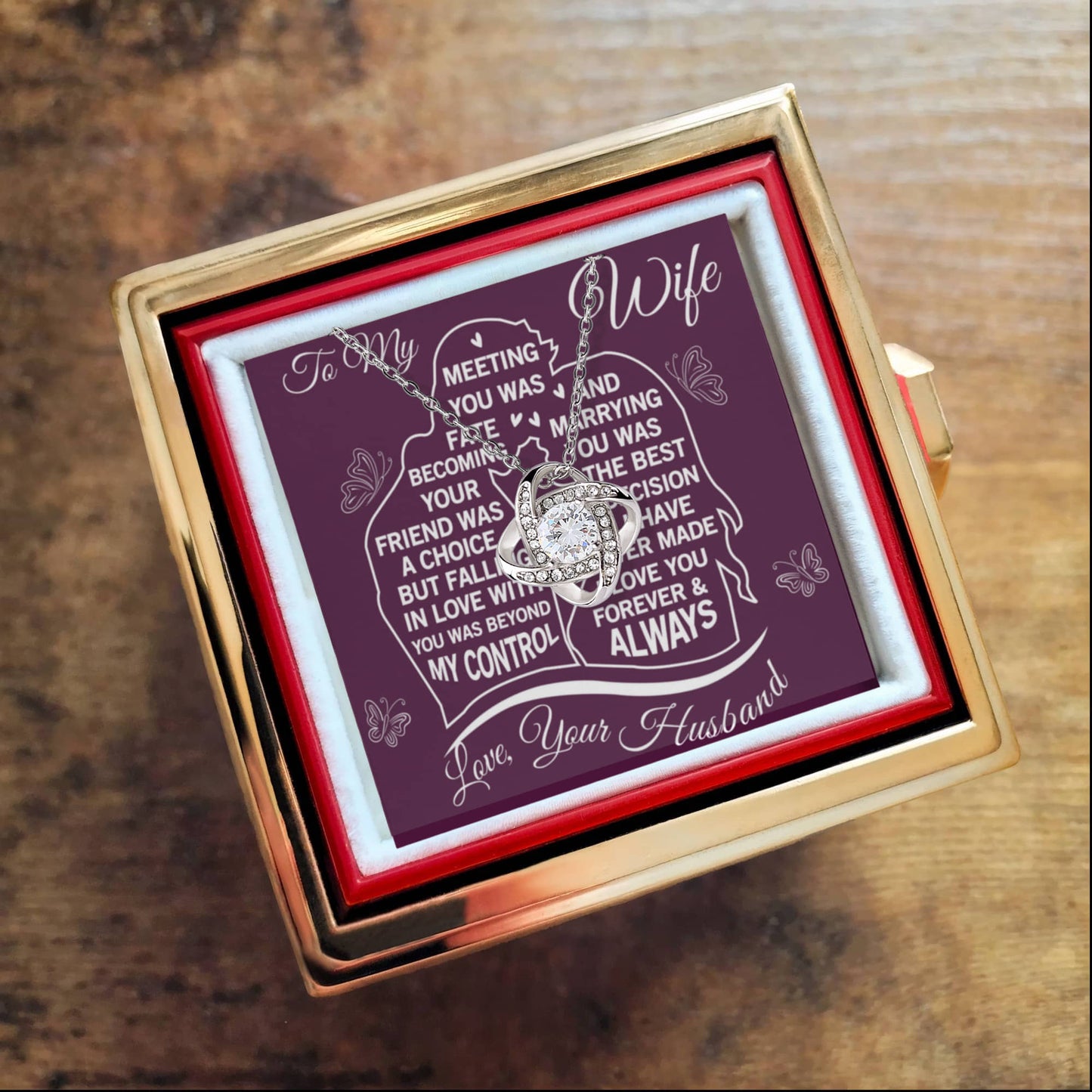To My Wife – Meeting You Was Fate Love Knot Necklace with Rotating Rose Gift Box-Express Your Love Gifts