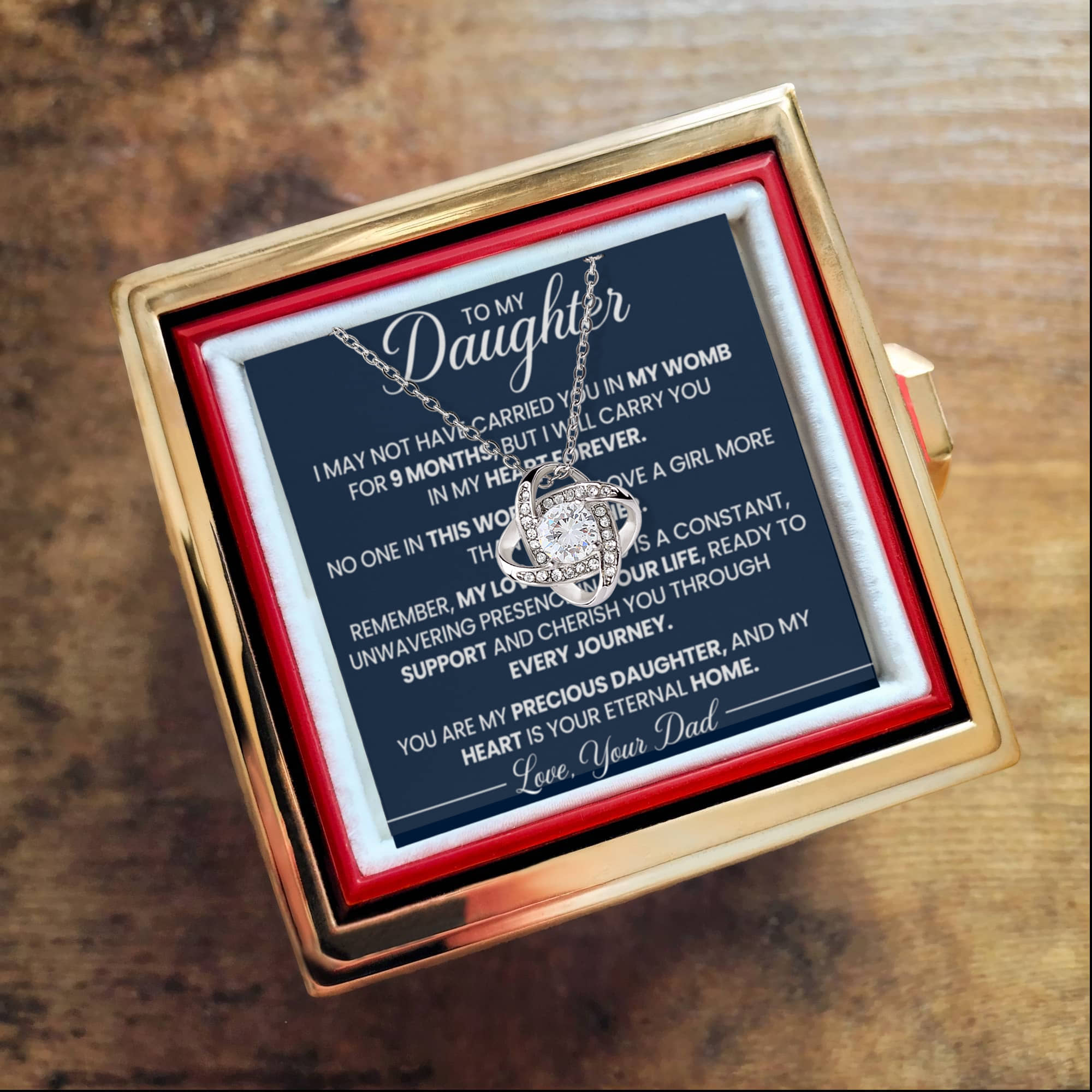 To My Daughter From Dad – In My Heart Forever Love Knot Necklace with Rotating Rose Box-Express Your Love Gifts