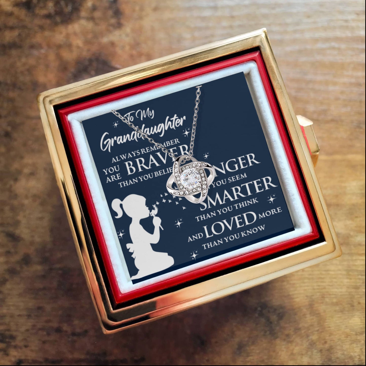 To My Granddaughter – Braver, Stronger, Smarter Love Knot Necklace with Rotating Rose Box-Express Your Love Gifts