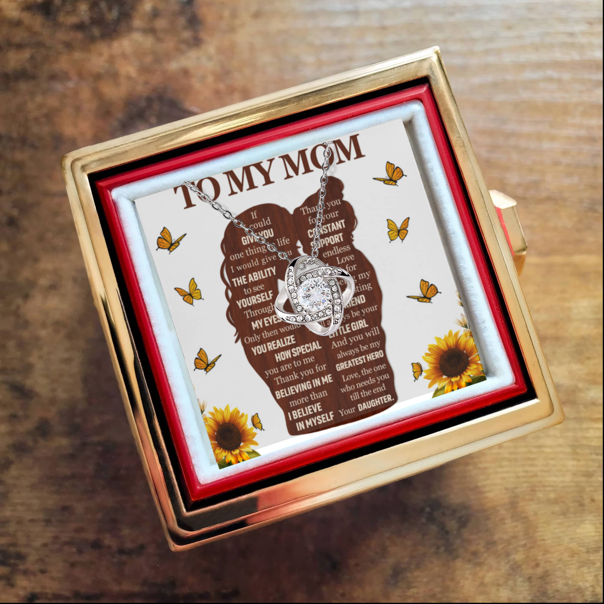 To My Mom – Constant Support Love Knot Necklace with Rotating Rose Box-Express Your Love Gifts