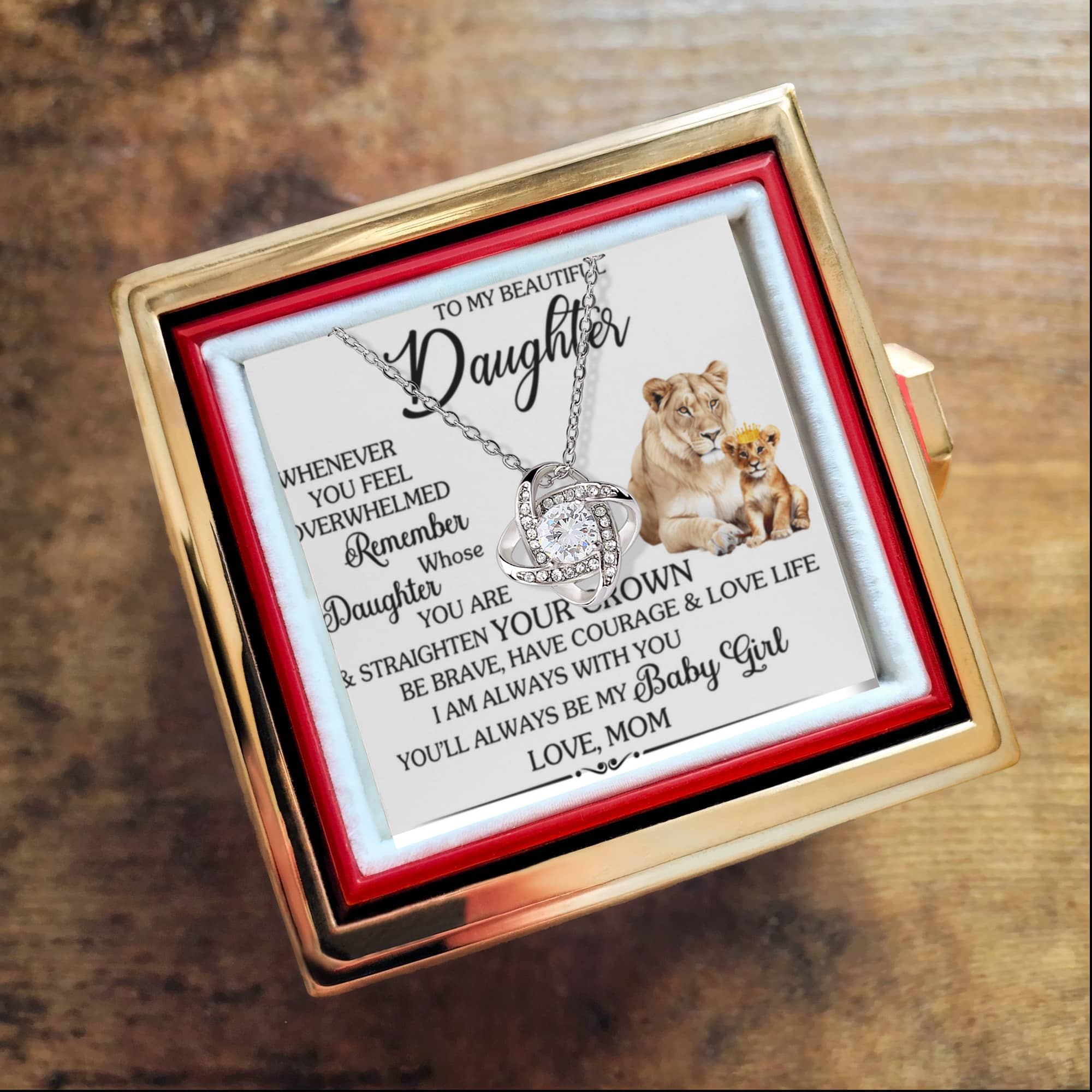 To My Daughter – Straighten Your Crown Love Knot Necklace with Rotating Rose Box-Express Your Love Gifts