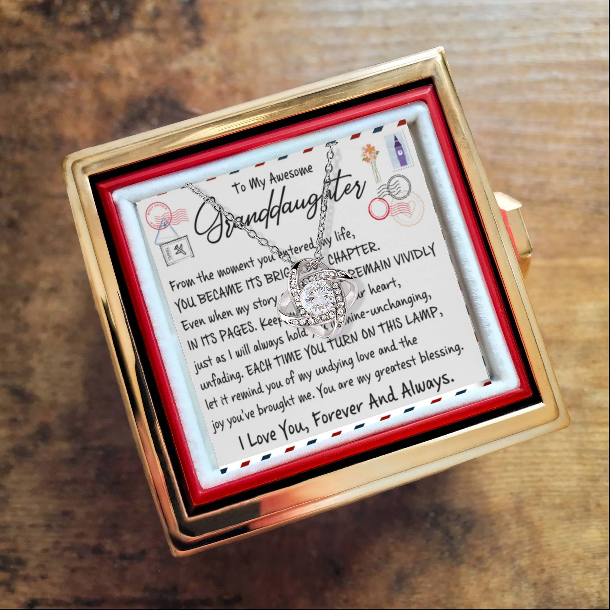 To My Granddaughter – Brightest Chapter Love Knot Necklace with Rotating Rose Box-Express Your Love Gifts
