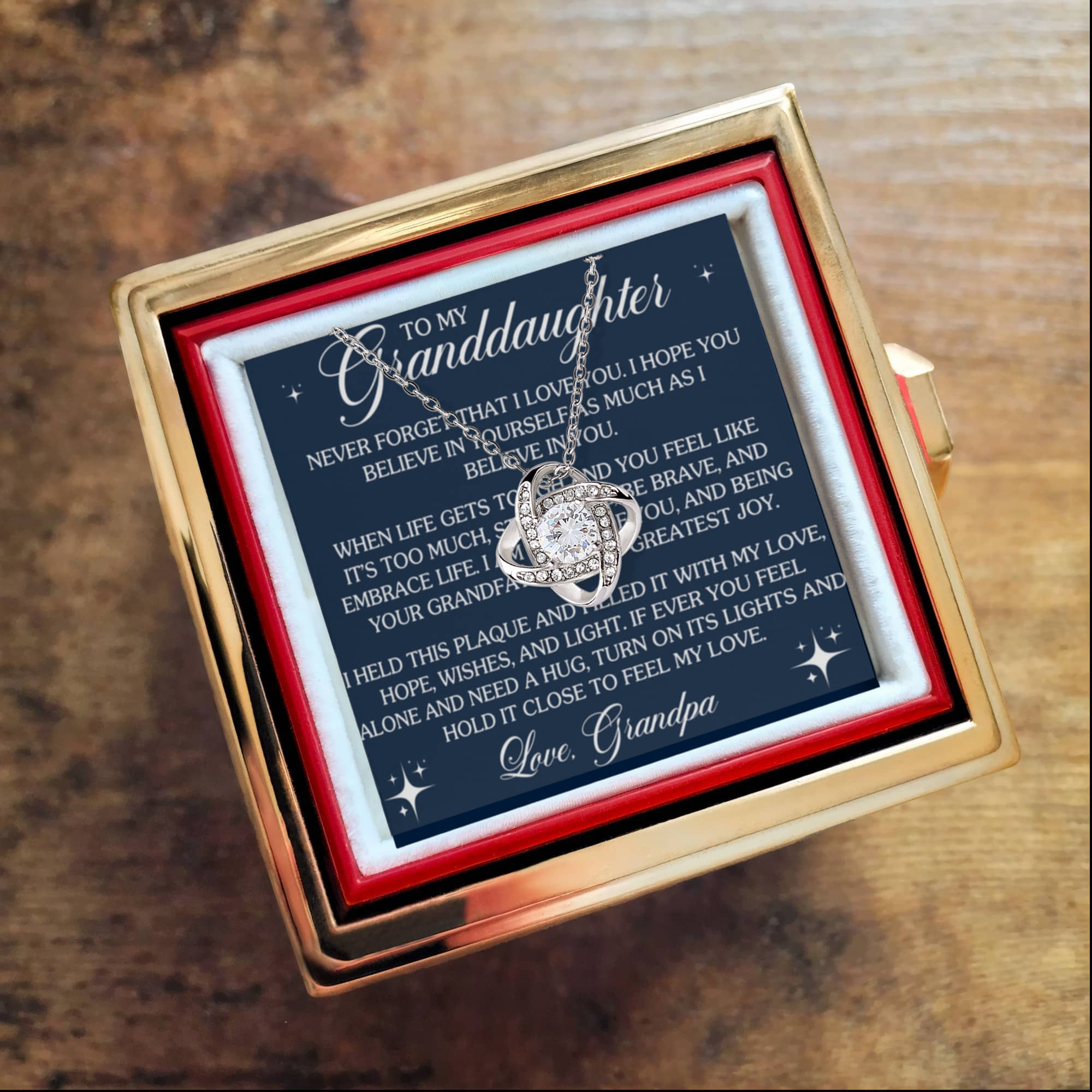 To My Granddaughter – Feel My Love Love Knot Necklace with Rotating Rose Box-Express Your Love Gifts