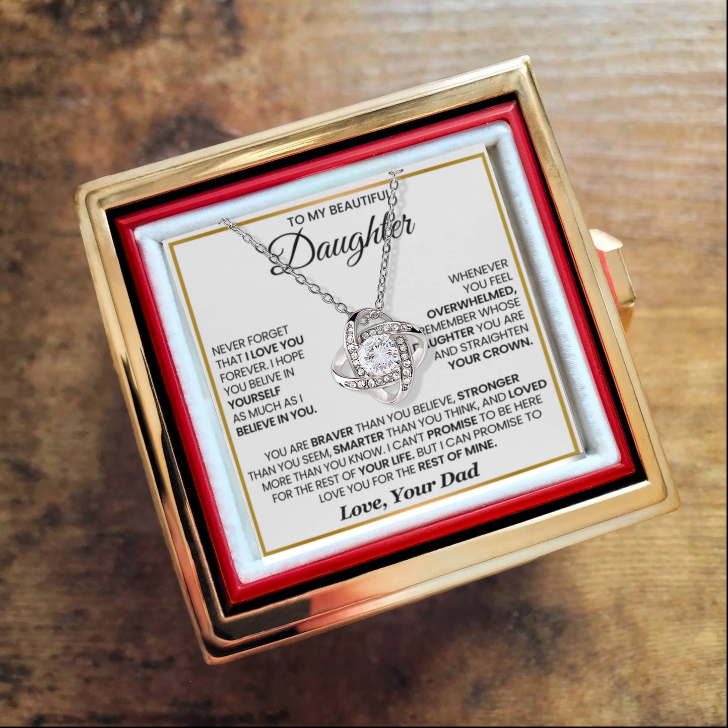 To My Daughter From Dad – Rest of Mine Love Knot Necklace with Rotating Rose Box-Express Your Love Gifts