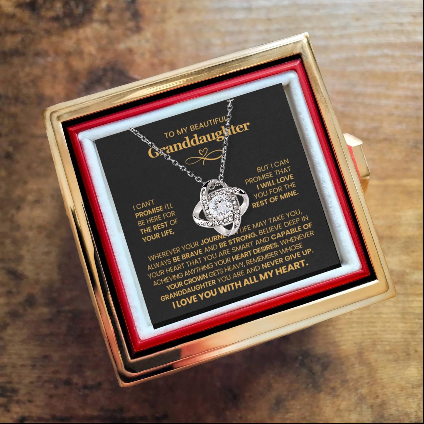 To My Granddaughter – Never Give Up Love Knot Necklace with Rotating Rose Box-Express Your Love Gifts