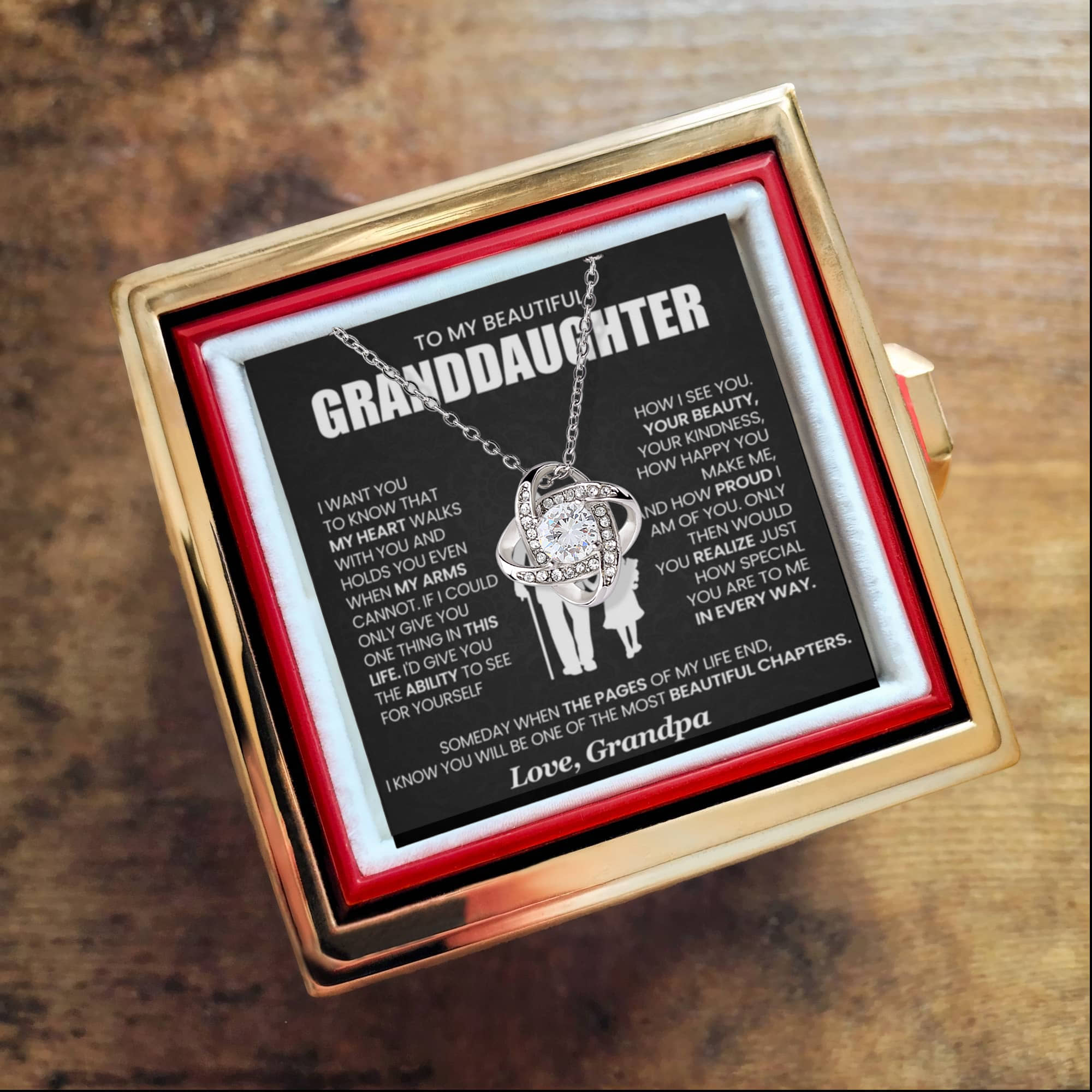 To My Granddaughter – Beautiful Chapters Love Knot Necklace with Rotating Rose Gift Box-Express Your Love Gifts