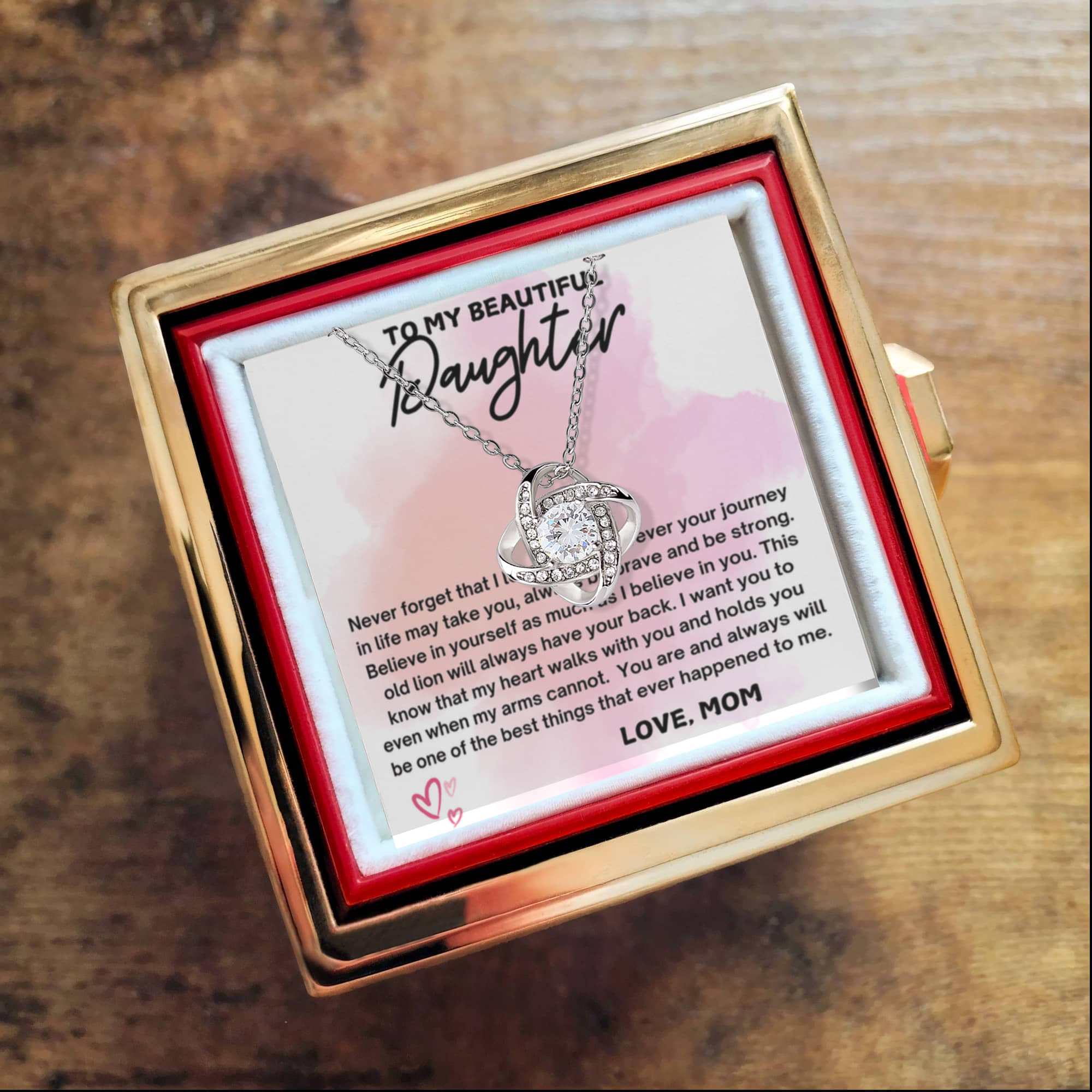 To Daughter From Mom Never Forget That I Love You Love Knot with Rotating Rose Box-Express Your Love Gifts