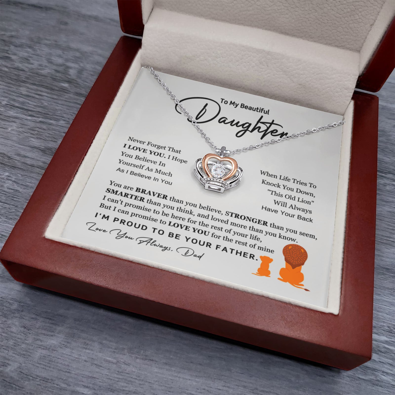 Braver Daughter Crown Pendant Necklace with Cubic Zirconia Crystal – Sterling Silver & Rose Gold-Express Your Love Gifts