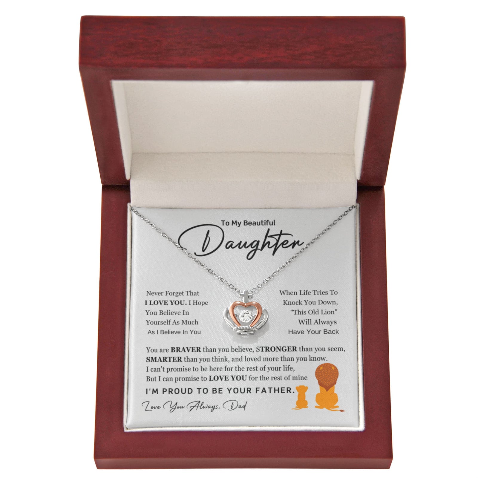 Braver Daughter Crown Pendant Necklace with Cubic Zirconia Crystal – Sterling Silver & Rose Gold-Express Your Love Gifts