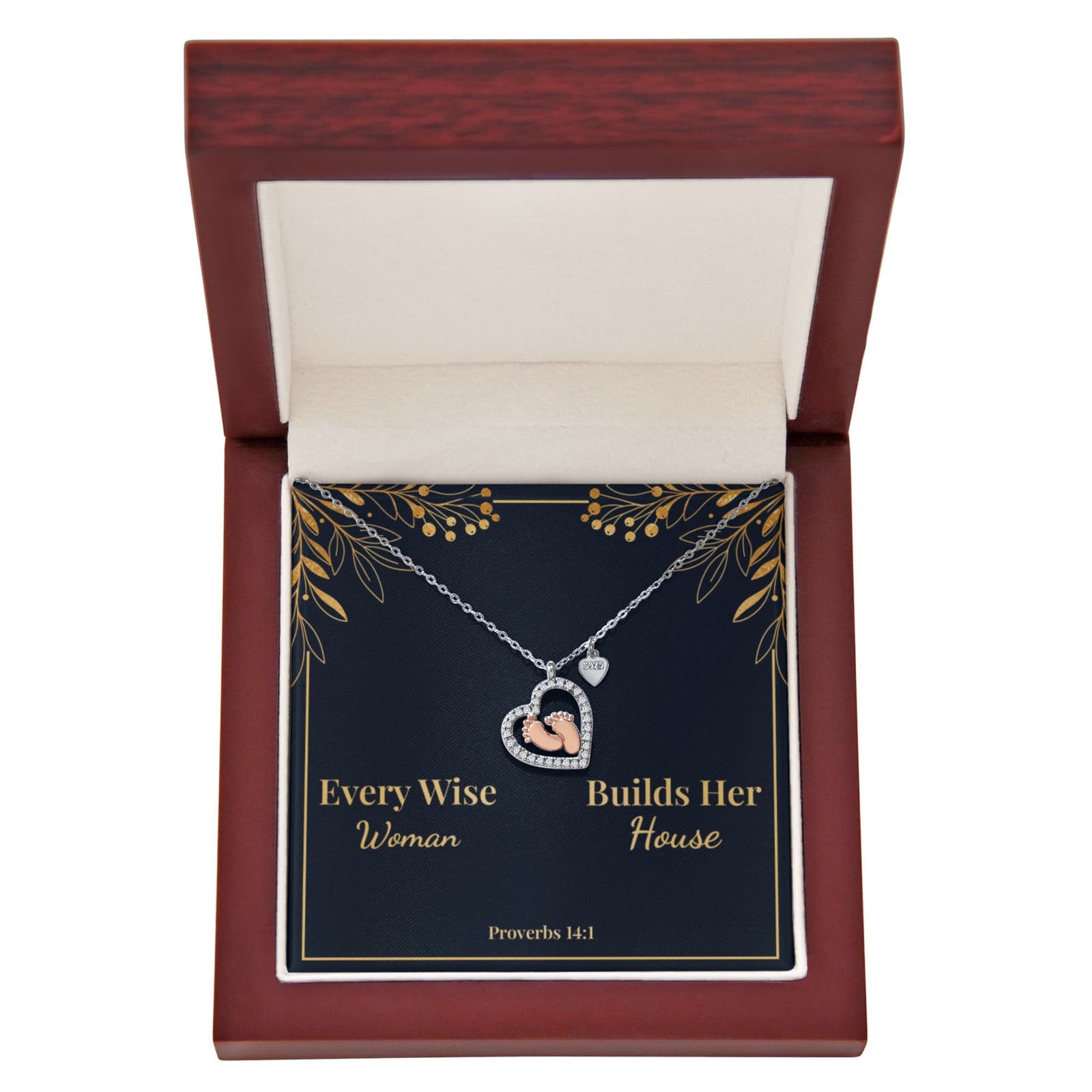 Every Wise Woman Builds Her House Proverbs 14:1 Baby Feet Heart Necklace-Express Your Love Gifts