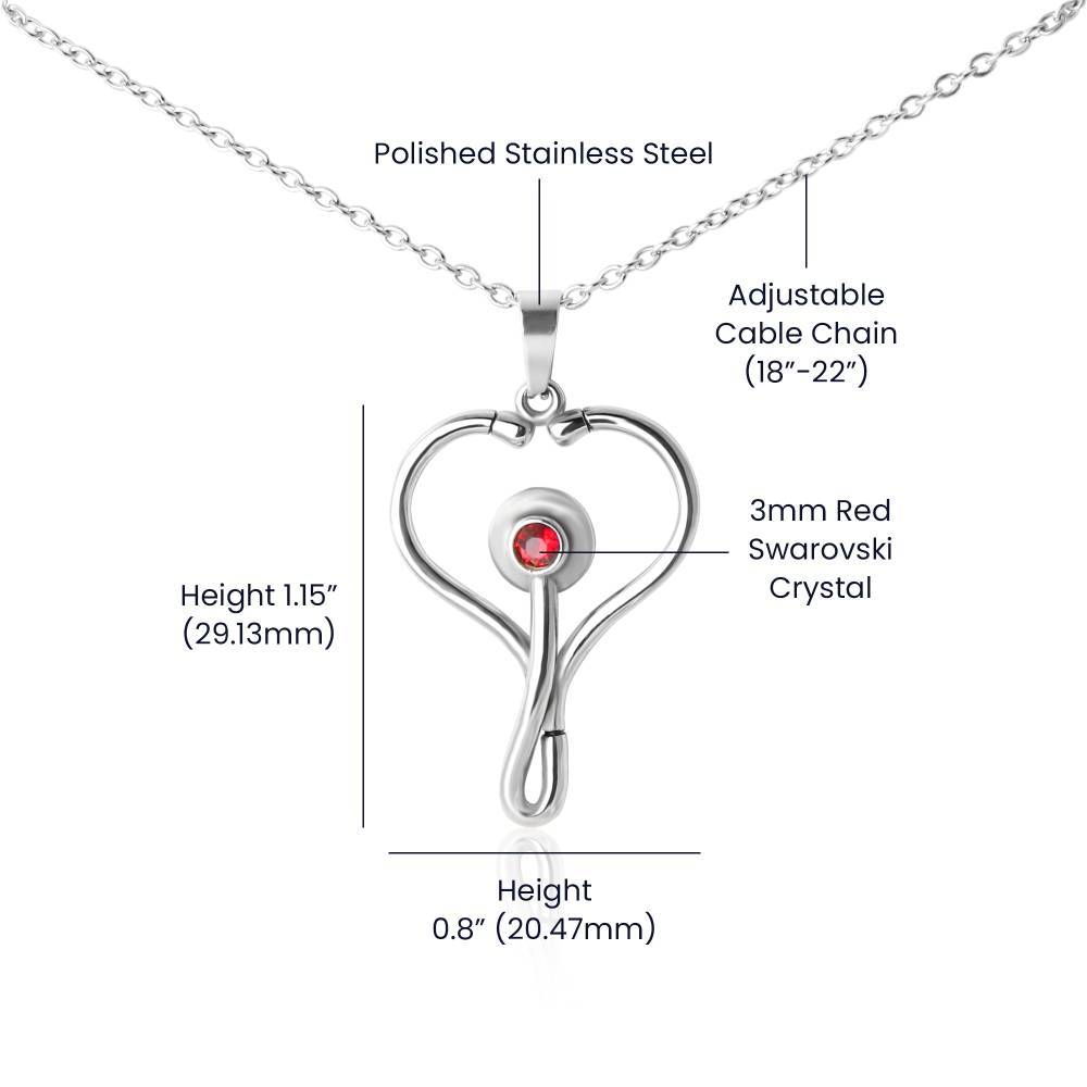 Inspirational Message for Nurse Heart Scope Necklace Red Swarovski Crystal Adjustable Chain 18-22"-Express Your Love Gifts