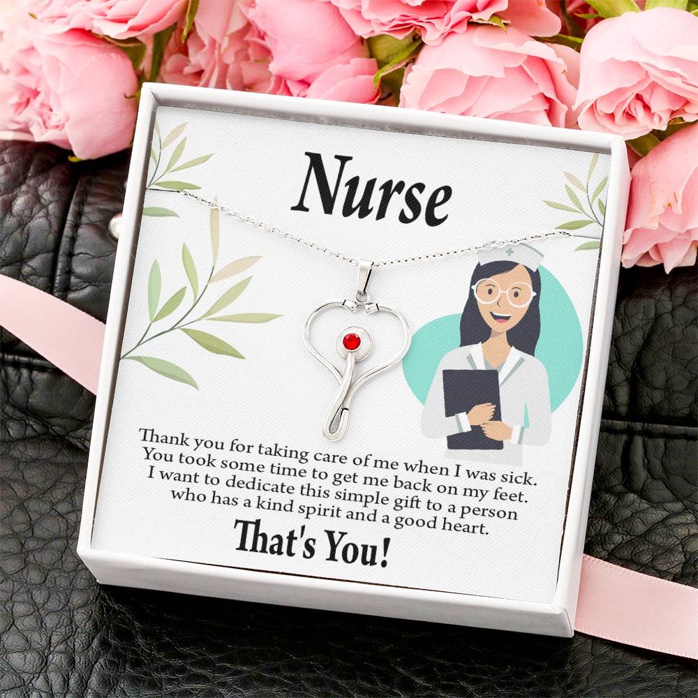 Simple Thank You Nurse Heart Scope Necklace Red Swarovski Crystal Adjustable Chain 18-22"-Express Your Love Gifts