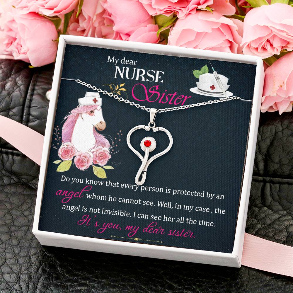 My dear nurse sister Heart Scope Necklace Red Swarovski Crystal Adjustable Chain 18-22"-Express Your Love Gifts
