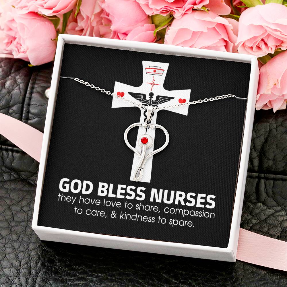 God Bless Nurses Heart Scope Necklace Red Swarovski Crystal Adjustable Chain 18-22"-Express Your Love Gifts