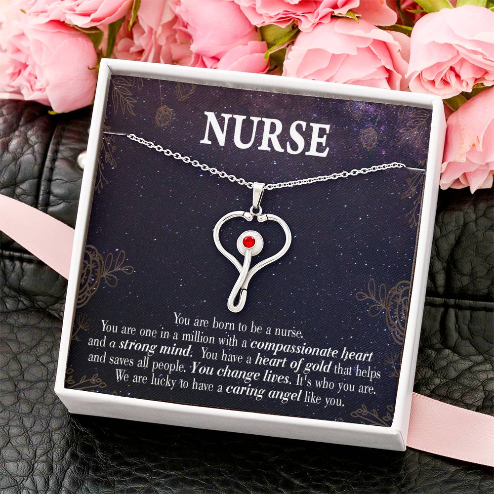 Caring Angel Nurse Heart Scope Necklace Red Swarovski Crystal Adjustable Chain 18-22"-Express Your Love Gifts