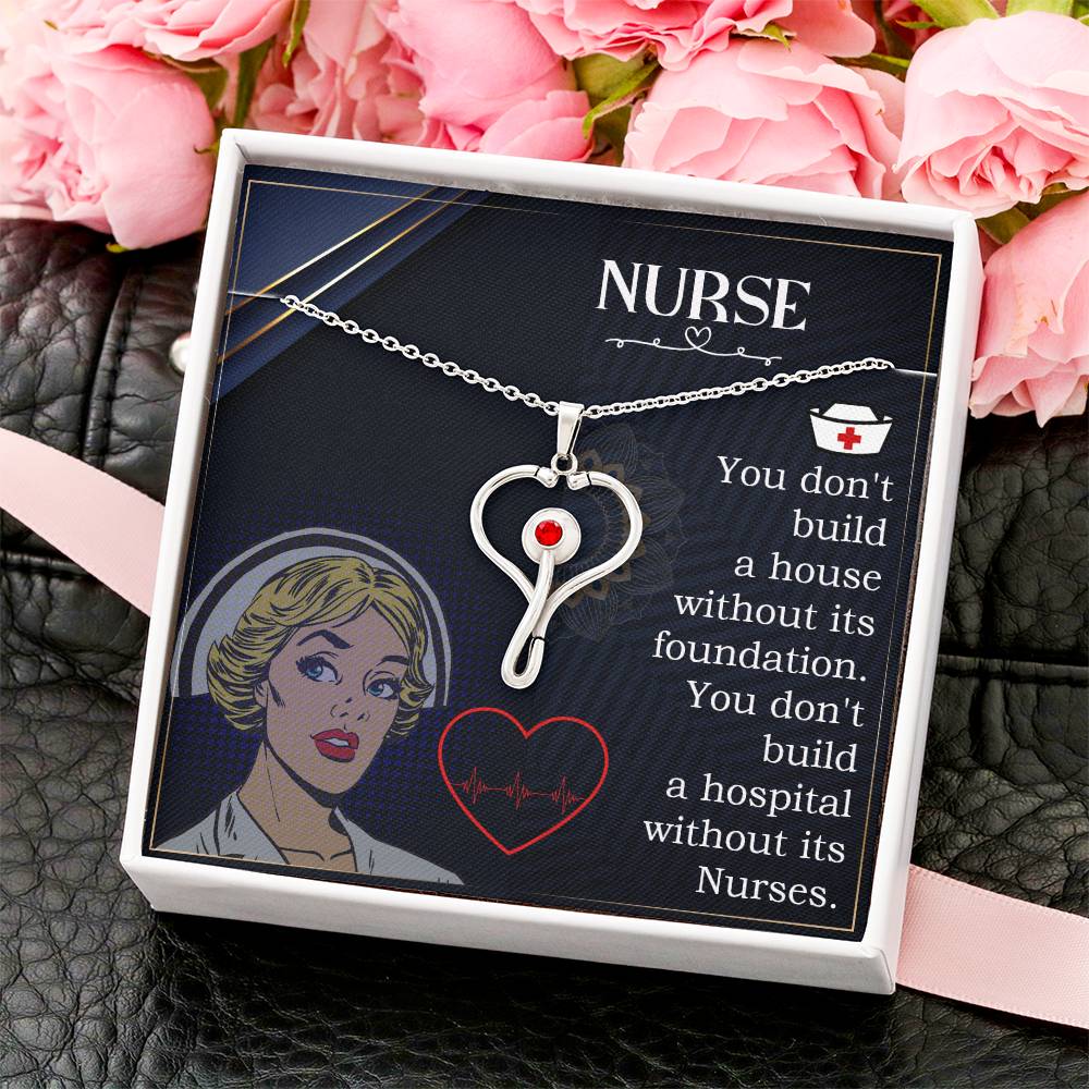 Nurses are the Foundation Heart Scope Necklace Red Swarovski Crystal Adjustable Chain 18-22"-Express Your Love Gifts