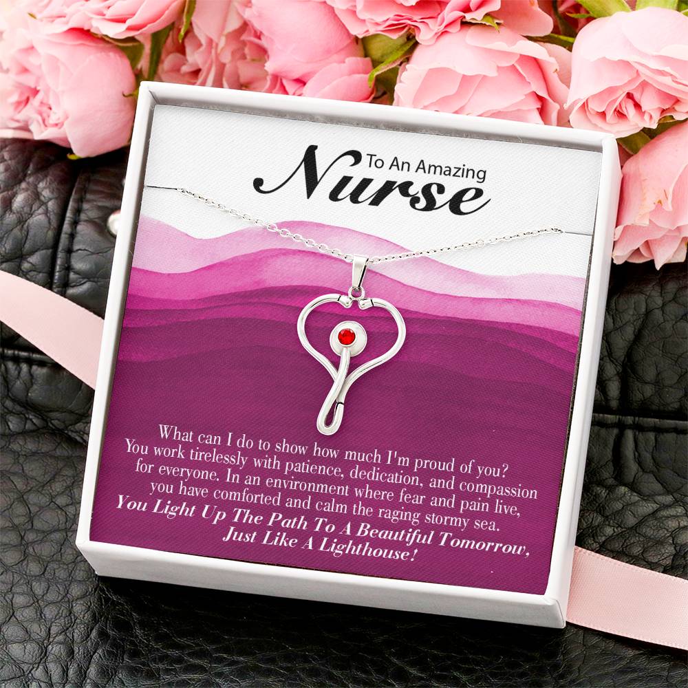Inspirational Message for Nurse Heart Scope Necklace Red Swarovski Crystal Adjustable Chain 18-22"-Express Your Love Gifts