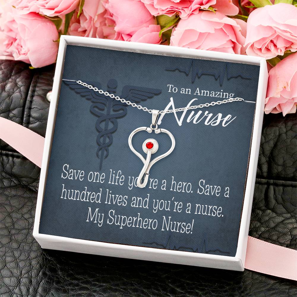 My Superhero Nurse! Heart Scope Necklace Red Swarovski Crystal Adjustable Chain 18-22"-Express Your Love Gifts