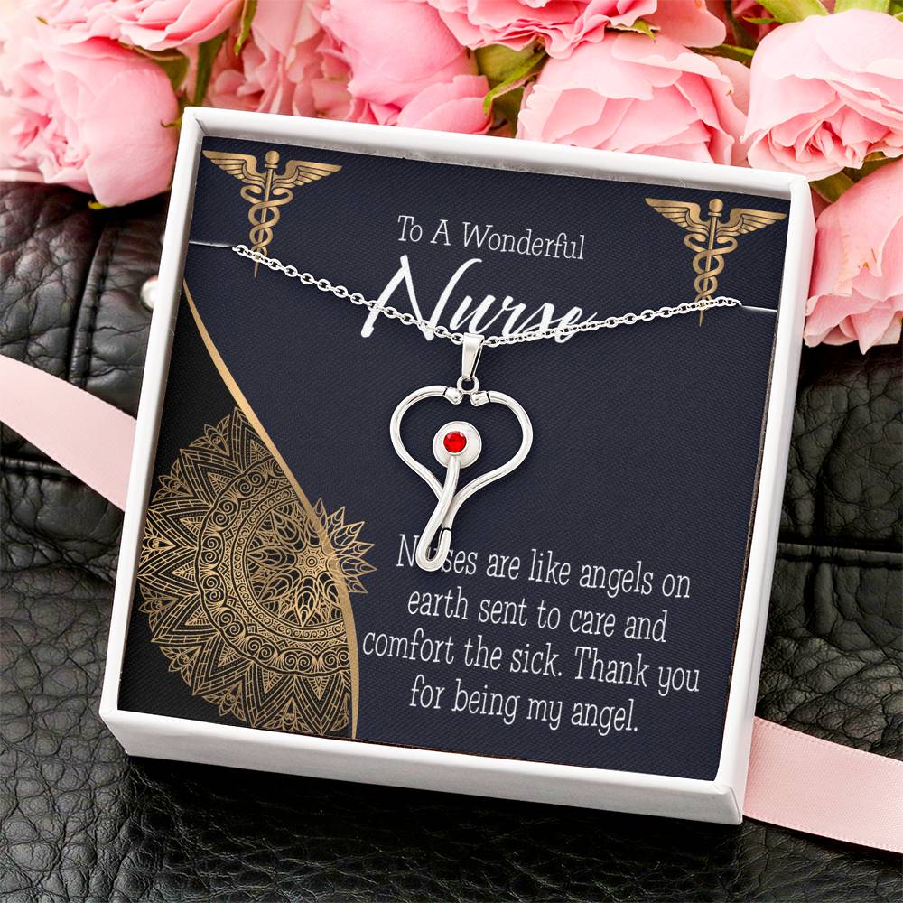 Nurses are Like Angels Heart Scope Necklace Red Swarovski Crystal Adjustable Chain 18-22"-Express Your Love Gifts