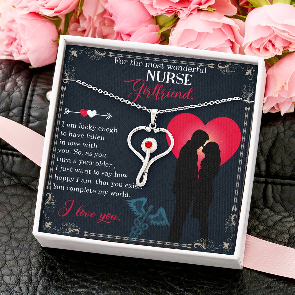 For the most wonderful nurse girlfriend Heart Scope Necklace Red Swarovski Crystal Adjustable Chain 18-22"-Express Your Love Gifts