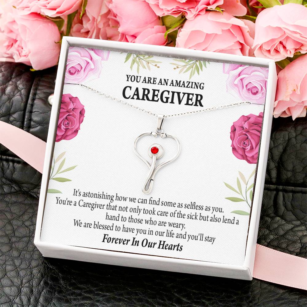 Caregiver Necklace Heart Scope Necklace Red Swarovski Crystal Adjustable Chain 18-22"-Express Your Love Gifts