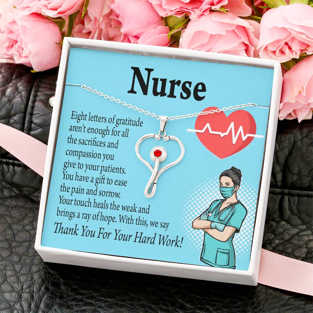 RN Nurse Gift Heart Scope Necklace Red Swarovski Crystal Adjustable Chain 18-22"-Express Your Love Gifts