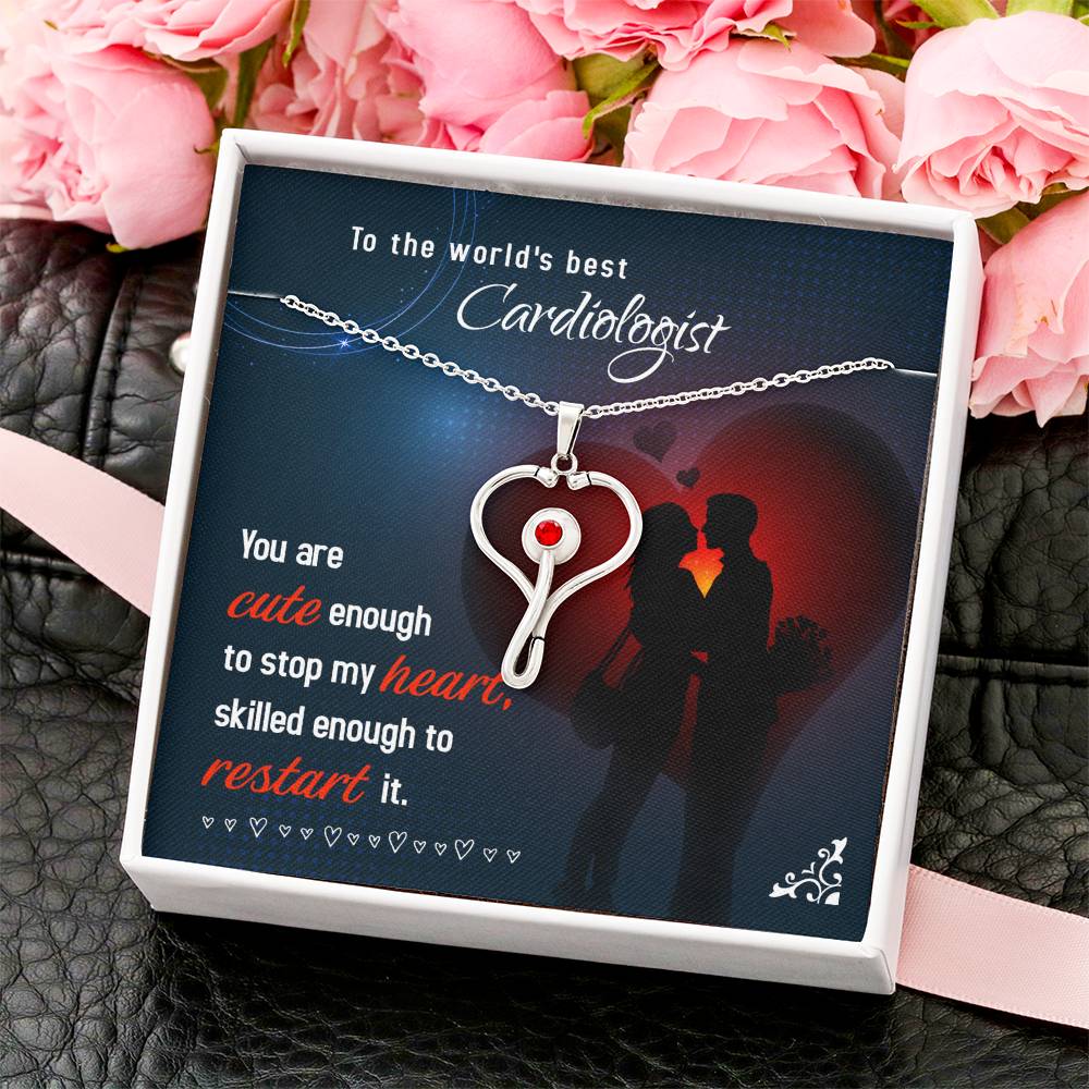 To My Cardiologist Heart Scope Necklace Red Swarovski Crystal Adjustable Chain 18-22"-Express Your Love Gifts