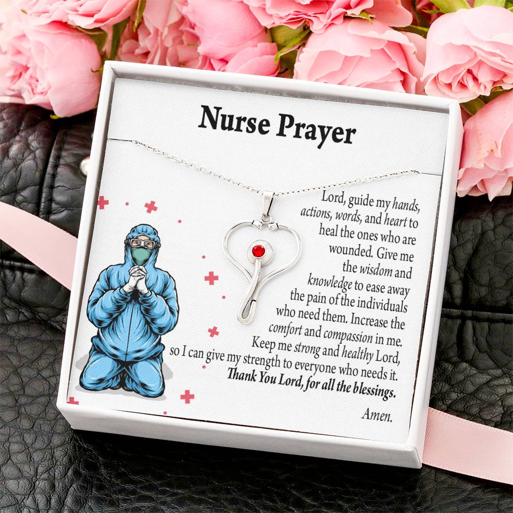 Nurse Prayer Necklace Heart Scope Necklace Red Swarovski Crystal Adjustable Chain 18-22"-Express Your Love Gifts