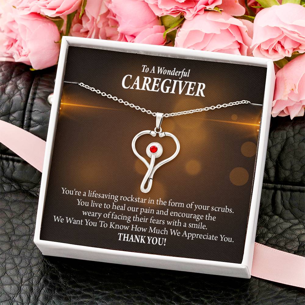 Rockstar Caregiver Heart Scope Necklace Red Swarovski Crystal Adjustable Chain 18-22"-Express Your Love Gifts