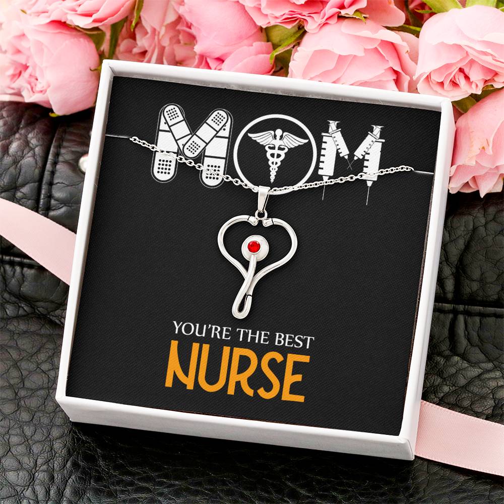 Mom Nurse Heart Scope Necklace Red Swarovski Crystal Adjustable Chain 18-22"-Express Your Love Gifts
