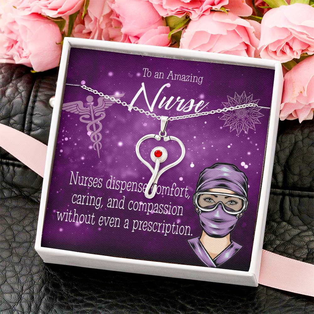 Nurse RN Caduceus Heart Scope Necklace Red Swarovski Crystal Adjustable Chain 18-22"-Express Your Love Gifts