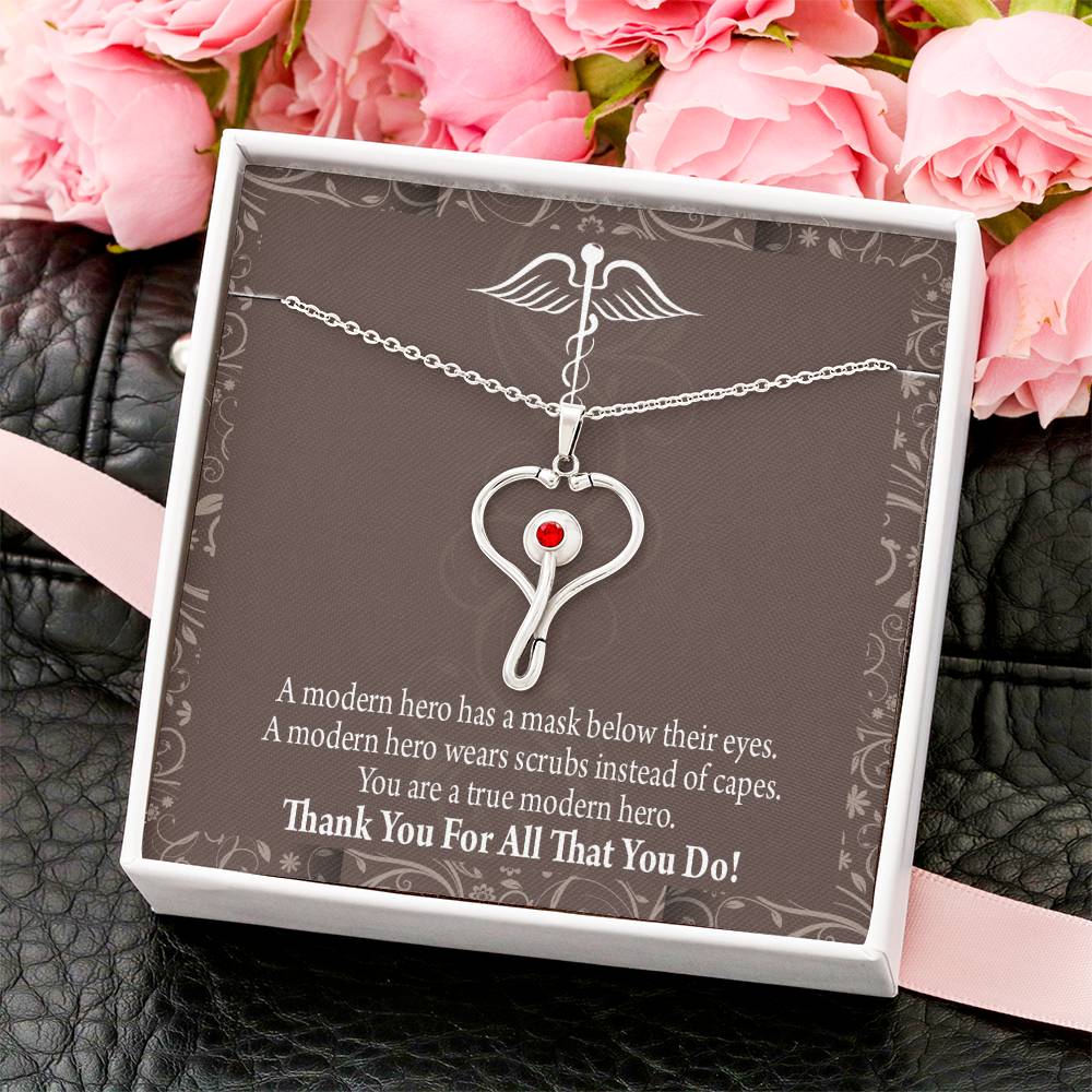 Medical Hero Appreciation Heart Scope Necklace Red Swarovski Crystal Adjustable Chain 18-22"-Express Your Love Gifts