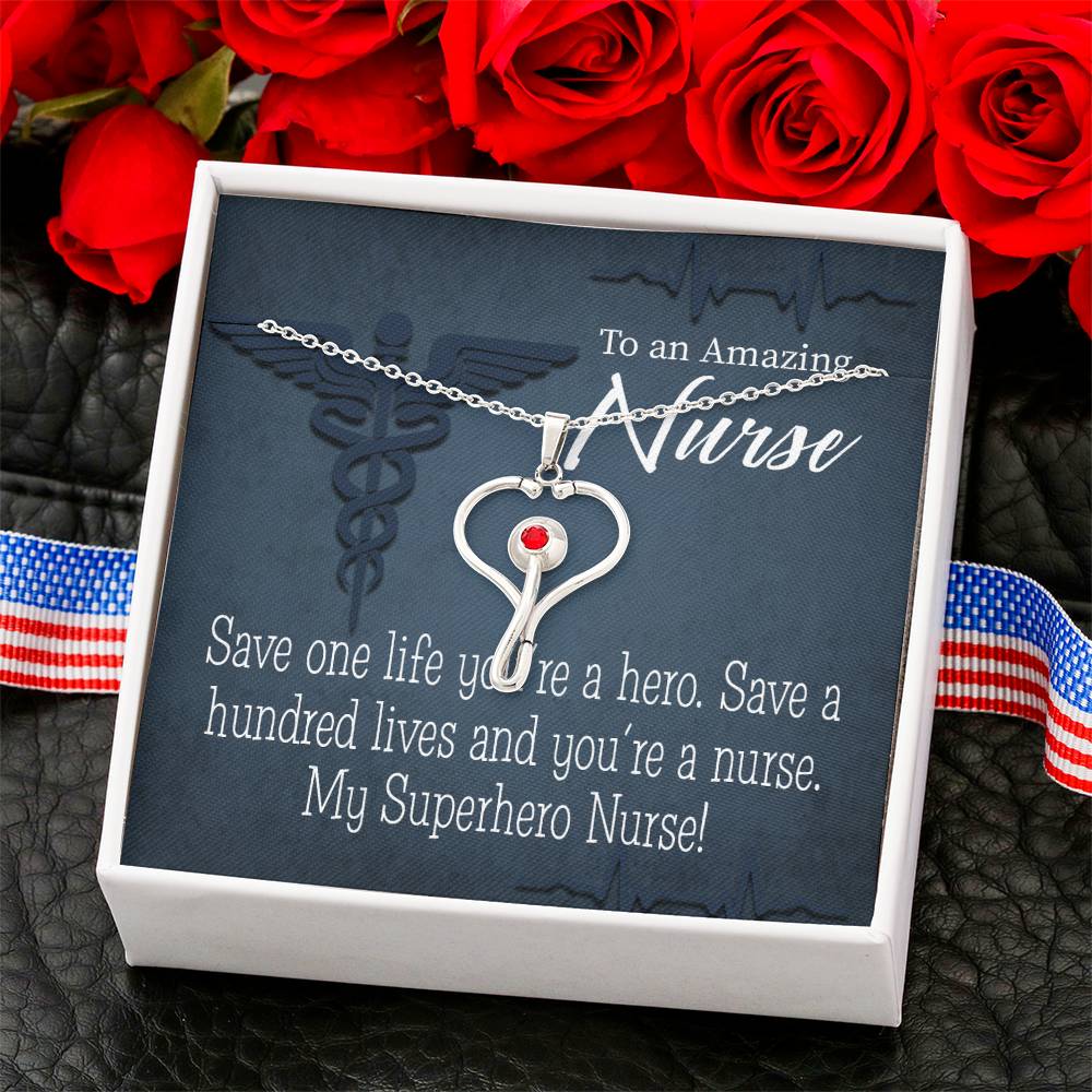My Superhero Nurse! Heart Scope Necklace Red Swarovski Crystal Adjustable Chain 18-22"-Express Your Love Gifts