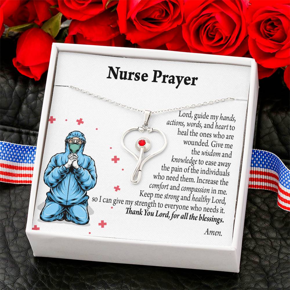 Nurse Prayer Necklace Heart Scope Necklace Red Swarovski Crystal Adjustable Chain 18-22"-Express Your Love Gifts