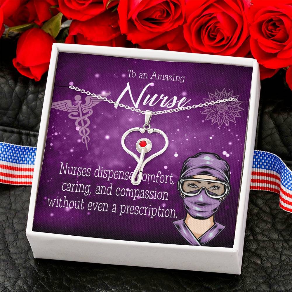 Nurse RN Caduceus Heart Scope Necklace Red Swarovski Crystal Adjustable Chain 18-22"-Express Your Love Gifts