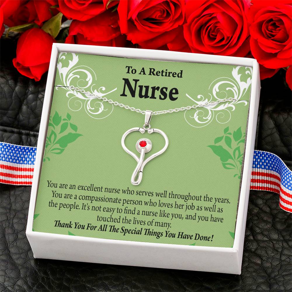 Retired Nurse Thank You Heart Scope Necklace Red Swarovski Crystal Adjustable Chain 18-22"-Express Your Love Gifts