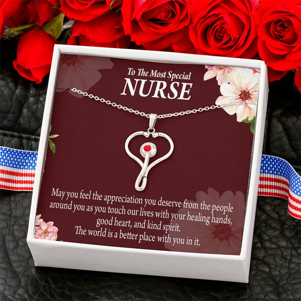 Special Nurse Heart Scope Necklace Red Swarovski Crystal Adjustable Chain 18-22"-Express Your Love Gifts