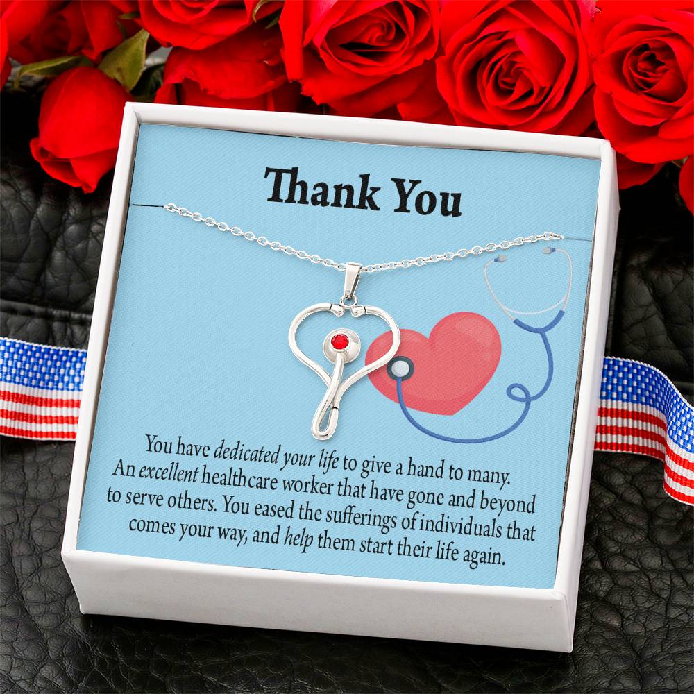 Gift Idea For Hospital Staff Heart Scope Necklace Red Swarovski Crystal Adjustable Chain 18-22"-Express Your Love Gifts
