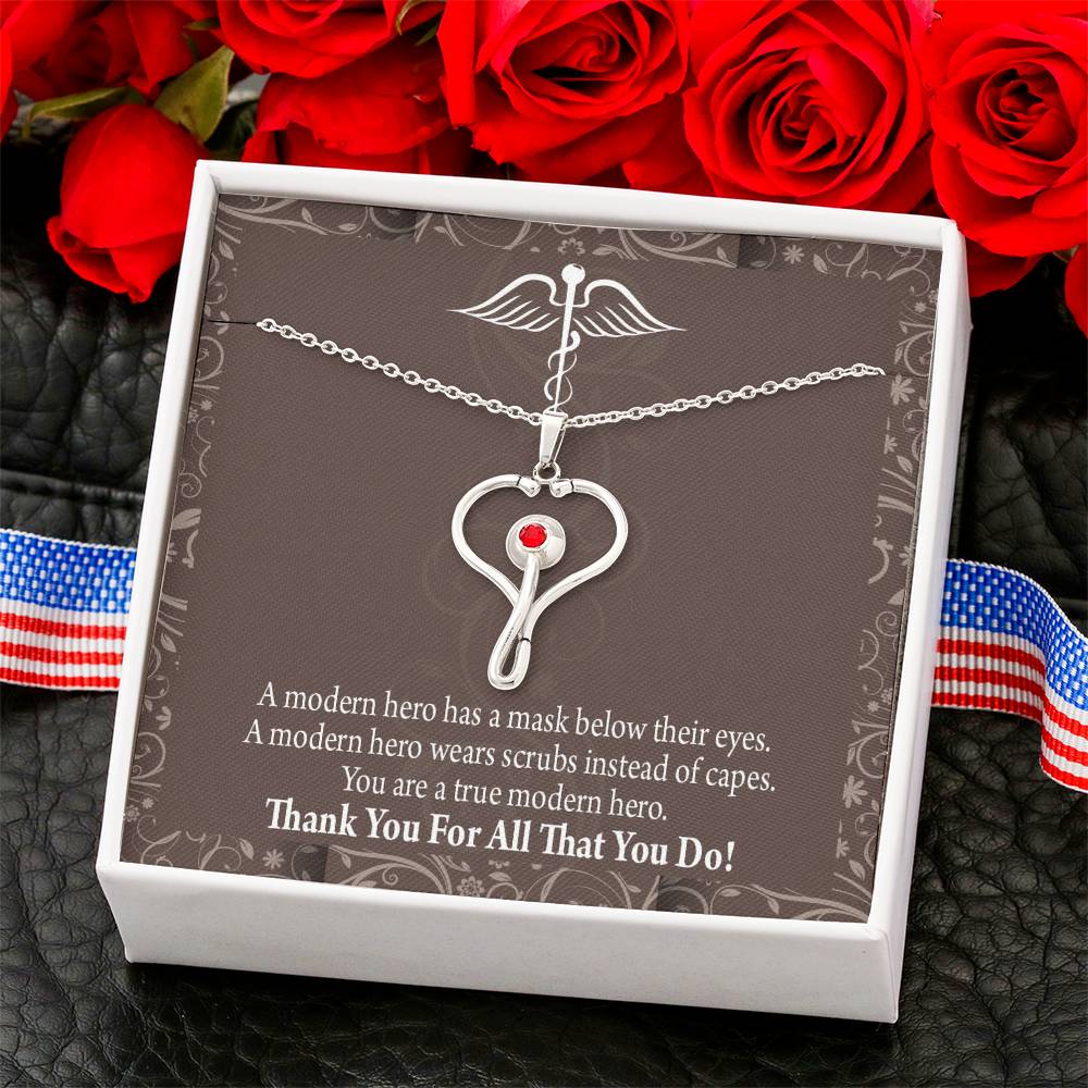 Medical Hero Appreciation Heart Scope Necklace Red Swarovski Crystal Adjustable Chain 18-22"-Express Your Love Gifts