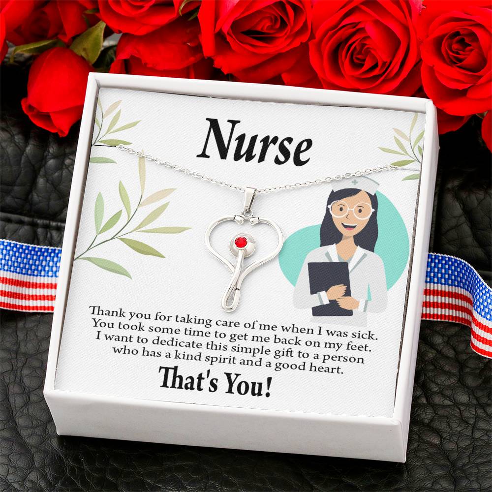 Simple Thank You Nurse Heart Scope Necklace Red Swarovski Crystal Adjustable Chain 18-22"-Express Your Love Gifts