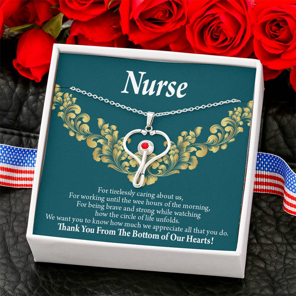 Thank You Medical Hero Heart Scope Necklace Red Swarovski Crystal Adjustable Chain 18-22"-Express Your Love Gifts