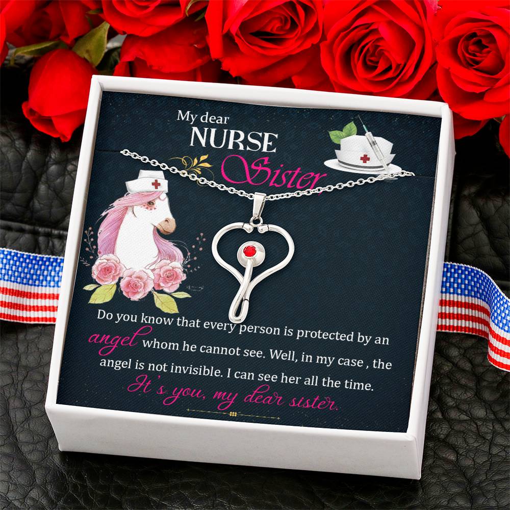 My dear nurse sister Heart Scope Necklace Red Swarovski Crystal Adjustable Chain 18-22"-Express Your Love Gifts