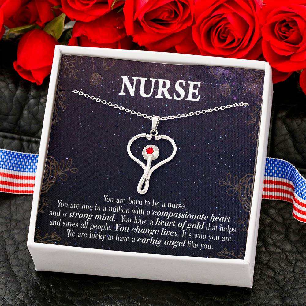 Caring Angel Nurse Heart Scope Necklace Red Swarovski Crystal Adjustable Chain 18-22"-Express Your Love Gifts