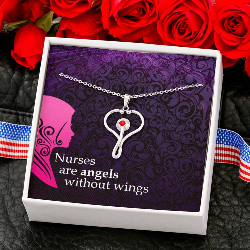 Nurses are angels Heart Scope Necklace Red Swarovski Crystal Adjustable Chain 18-22"-Express Your Love Gifts
