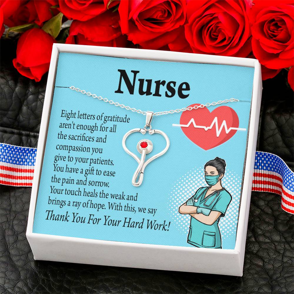 RN Nurse Gift Heart Scope Necklace Red Swarovski Crystal Adjustable Chain 18-22"-Express Your Love Gifts